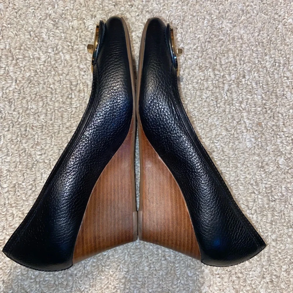 Tory Burch Sally Black Leather Wedges, Size 9M